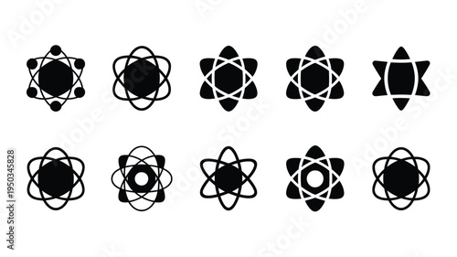 Futuristic technology logo set with atomic and molecular structures in black silhouette on white background for science and innovation branding