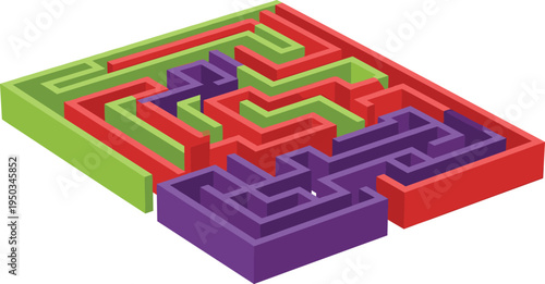 A colorful 3D maze with red, purple, and green paths on transparent background