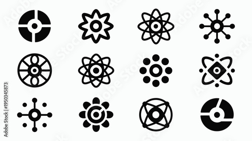Collection of twelve futuristic techno icons featuring atomic and molecular symbols in black on white background