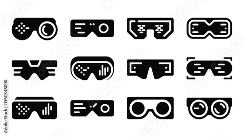 Collection of twelve sleek technology icons for virtual reality and gaming on white background