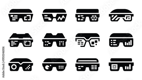 Collection of sleek virtual reality goggles and futuristic smart glasses icons in black and white
