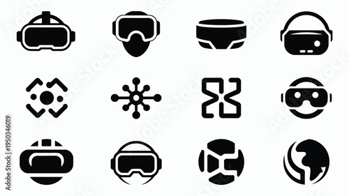 Collection of sleek futuristic tech icons featuring vr headsets and symbols