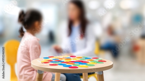 Young child receiving therapy, playing with colorful educational game pieces on a small table, therapist assisting in background