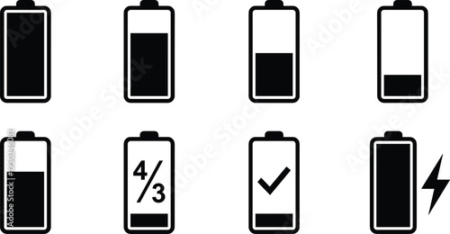 Set of battery level icons with charging indicator and percentage status symbols for mobile interface design, energy storage, and power