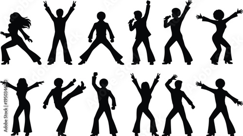 Set of disco dancers silhouettes in 1970s retro style party costumes performing dance moves and singing for vintage club events