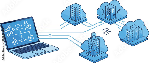 A laptop connects to multiple cloud servers on transparent background