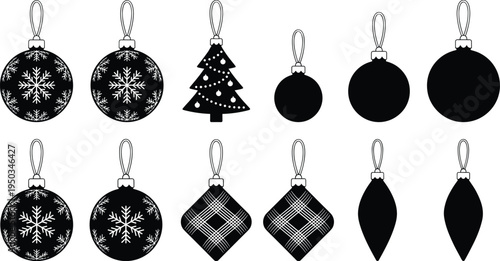 Christmas ball ornaments collection silhouette set, festive holiday tree decorations, snowflake patterns, baubles isolated on white background for winter celebration designs.