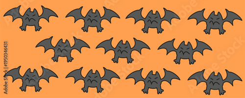 Festive background featuring a swarm of cute black cartoon bats against a vibrant orange backdrop. Ideal for seasonal party invitations, wrapping paper, or Halloween social media content.