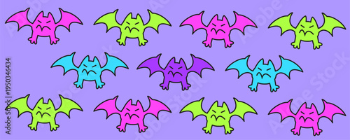 Playful wallpaper showcasing rows of cute bats in diverse, bright colors on a rich purple field. A whimsical design suitable for children's textiles, birthday graphics, or unique stationery.