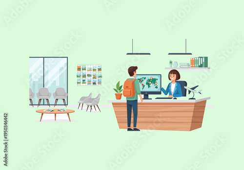 Design Ilustration Concept Travel agency employee assisting a tourist at counter.