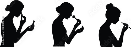 Stylized black silhouettes of woman applying makeup, lipstick, blush, eyeliner, minimalist beauty vector illustration, cosmetic routine artwork for fashion, salon, lifestyle design