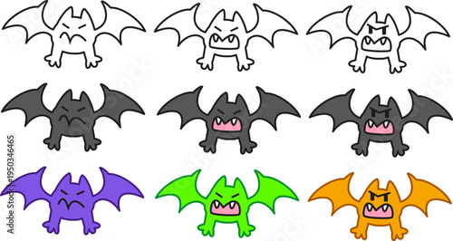 Collection of cute grumpy cartoon bat characters exhibiting various annoyed facial expressions. Unique assets for humorous digital stickers, expressive app icons, or quirky stationery designs. 