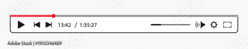 Videoplayer bartemplate with button play, timelime, speaker, volume, settings isolated on white background. Audio player for songs, podcast, playlist vector