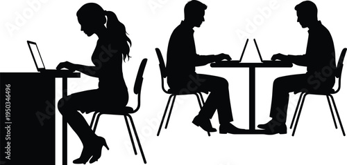 People working on laptops silhouette, business professionals at desks, freelance workers in office, students studying, group sitting and using computers.