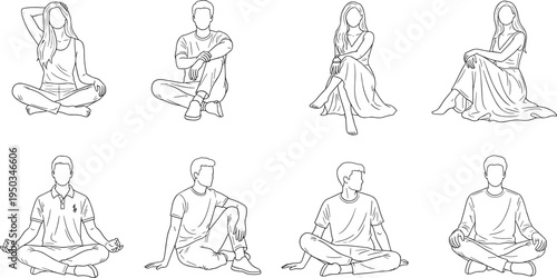Line art drawing of diverse people sitting cross-legged, meditating, and relaxing in casual outfits for wellness, yoga, and lifestyle concepts.