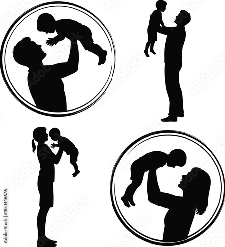 Silhouette parents lifting babies in air, family bonding, parenting love, childcare concept, affectionate adult child interaction, playful parent baby vector illustration