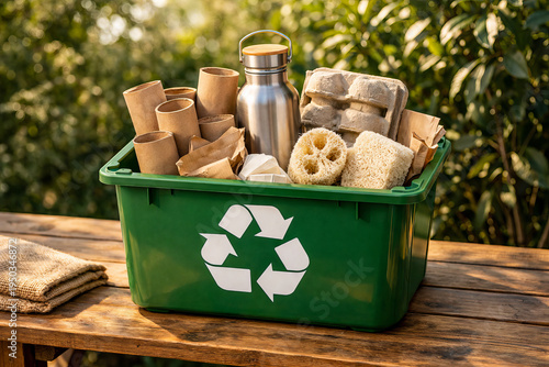 Green recycling bin with sustainable household products outdoors