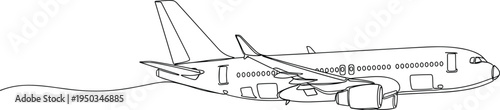 Continuous one line drawing of a commercial airplane flying, representing global travel, aviation industry, air transport, tourism and business logistics concept.