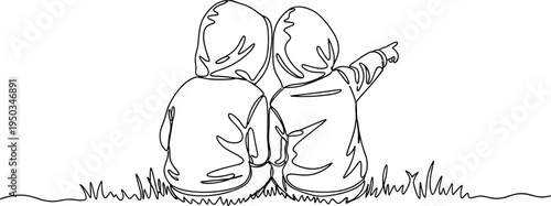Continuous line drawing of two children in hoodies sitting on grass, one pointing at the distance, representing friendship, childhood and curiosity.