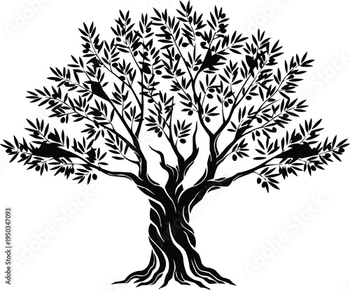  described features a black and white illustration of an olive tree, characterized by its distinctive features and graphic style