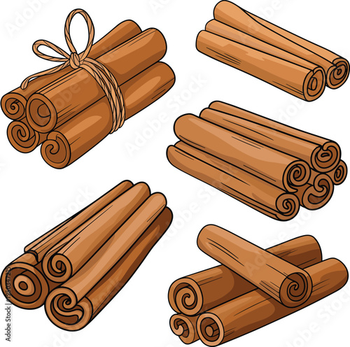 Cartoon style cinnamon stick bundles vector illustration, tied and loose arrangements, aromatic spice artwork for culinary design, food packaging, kitchen decoration, botanical themes