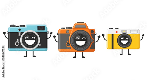 Funny Cartoon Cameras with Happy Faces Waving Hands