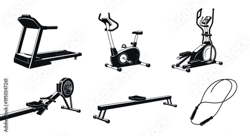 Fitness Equipment Collection: Treadmill, Elliptical, Exercise Bike, Rowing Machines, Jump Rope