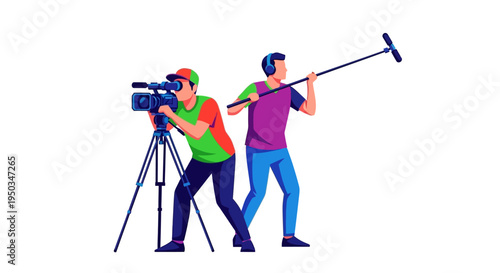 Filmmaking Crew: Cameraman on Tripod and Sound Recordist with Boom Pole