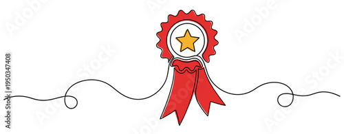 Large rosette ribbon with star center on continuous line white background. no editable strokes