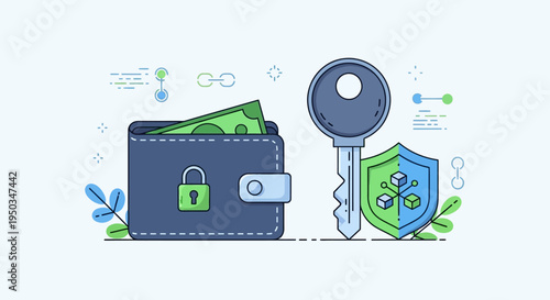 Secure Digital Wallet with Key and Shield, Cryptocurrency Security Concept