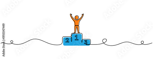 Person celebrating on winner podium in minimal white background. no editable strokes