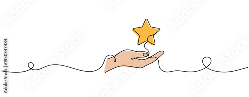 Hand holding star symbol on plain continuous line background. no editable strokes
