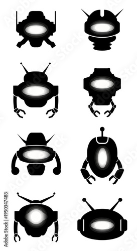 Set of Futuristic Robot Heads Icons, Sci-Fi Android Avatars, AI Bot Characters