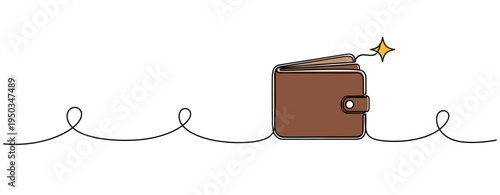 Leather wallet open and shining on continuous line background. no editable strokes