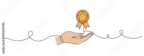 Hand offering rosette ribbon in continuous line studio setting. no editable strokes