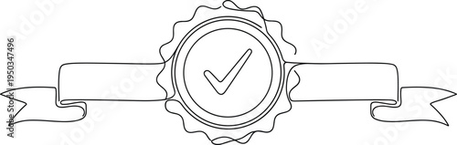 Continuous one line drawing of quality guarantee seal with ribbon and check mark, symbol of premium award, excellence and certificate.