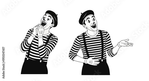 Two Mimes Performing Joyful Gestures, Black and White Illustration