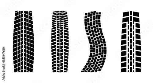 Tire Tracks Set: Four Different Tread Patterns on White Background