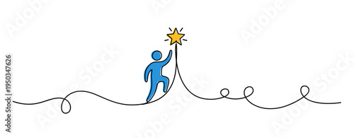 Person reaching star on continuous line path illustration. no editable strokes