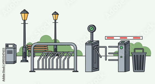 Urban Street Furniture: Bike Rack, Turnstile, Trash Cans, Lampposts, Bench