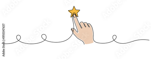 Hand touching star on continuous line white background. no editable strokes