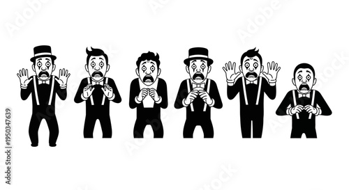 Vintage Clown Characters with Expressive Faces and Gestures, Black and White