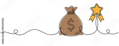 Money bag with award star in continuous line concept. no editable strokes