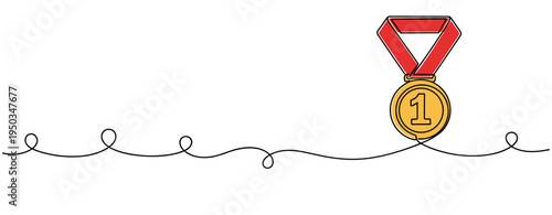 Gold medal hanging from ribbon on looping line in white space. no editable strokes