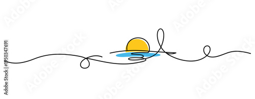 Sun rising over water depicted on continuous line background. no editable strokes