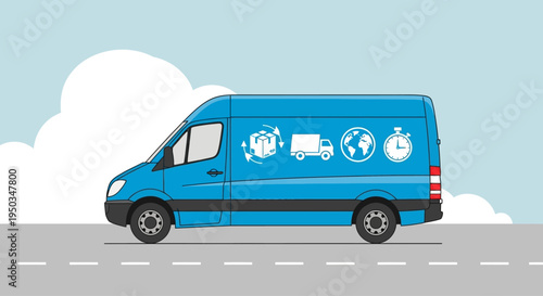 Blue Delivery Van with Logistics Icons on Side, Global Shipping and Fast Delivery Concept