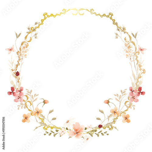 Watercolor flower gold circle frame for wedding, birthday, card, background, invitation, wallpaper, sticker, decoration etc.on etc.
