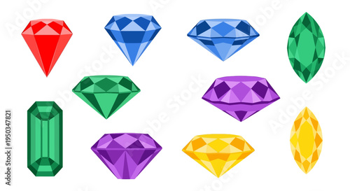 Collection of colorful faceted gemstones, diamonds, emeralds, rubies, sapphires, amethysts, topaz, isolated on white background