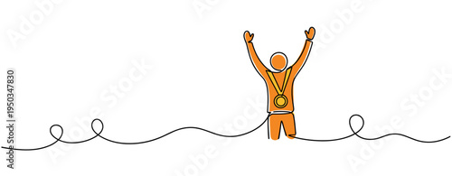 Person celebrating with medal raised arms on white background. no editable strokes