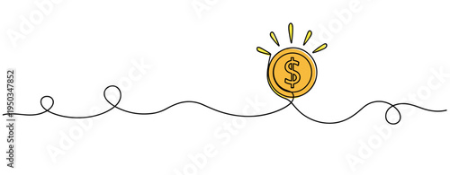 Gold coin glowing on continuous line across white background. no editable strokes